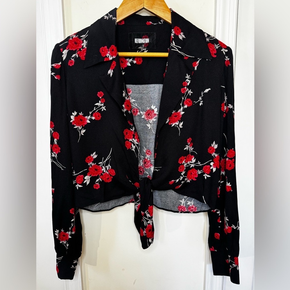 Reformation Black Front Tie Blouse with Red Floral Print